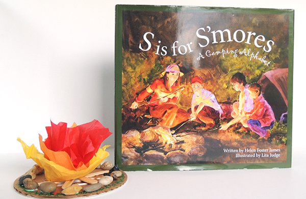 Book "S is for S'mores" with a small campfire made of tissue paper. 