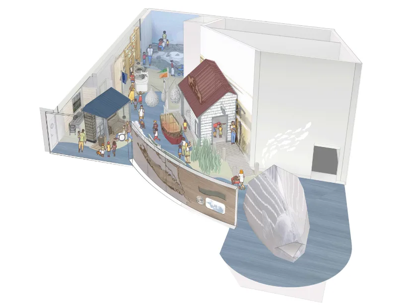 Aerial view of the exhibition plan model.