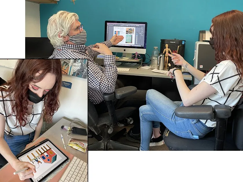 Paul Shields and Kaitlyn Hough developing graphic elements.