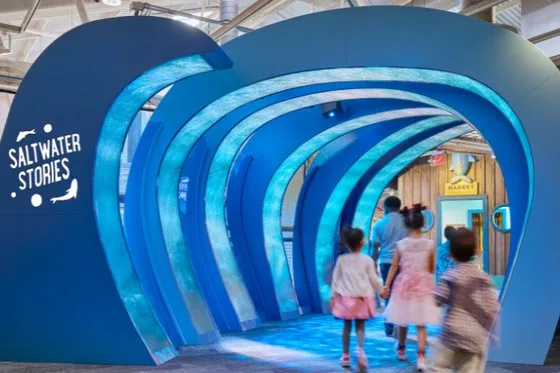 A large rib-like hollow blue structure made to mimic waves with text "Saltwater Stories" and two fish on the left side.