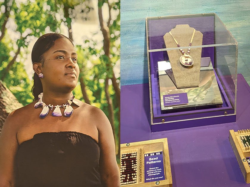 Shell necklace display from Toyuskanash: Bridges exhibit