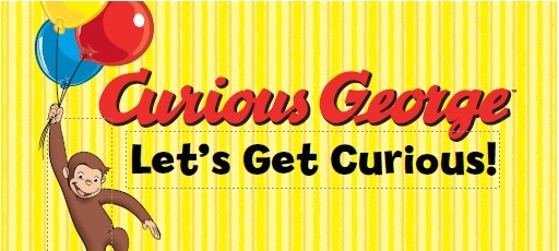 Curious George: Let's Get Curious! Logo with George holding balloons on the left. Yellow striped background.