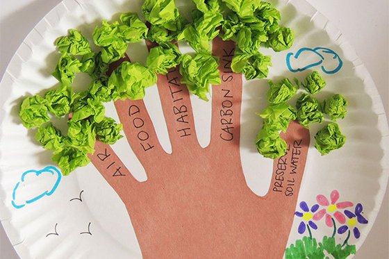 Tree made from construction paper and tissue paper with conservation words on each finger
